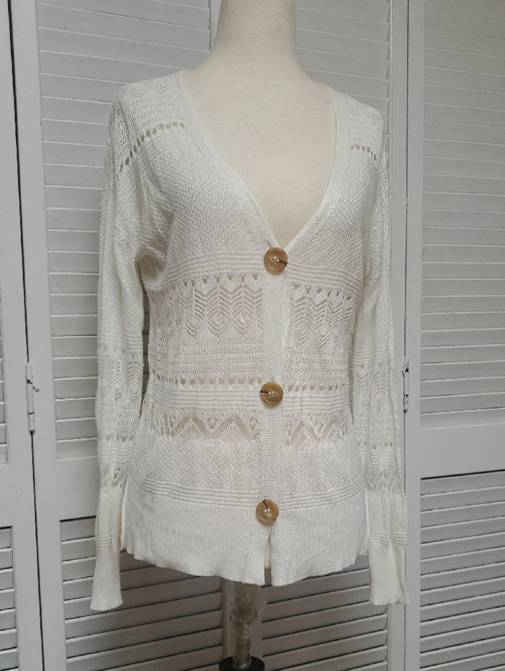 Pink Rose Cream Open-Knit Button Front Cardigan